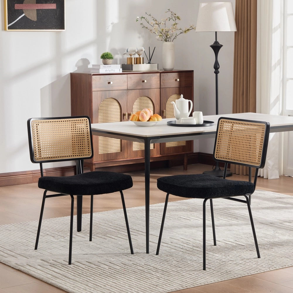 Sedie da Pranzo Set 2 Pezzi in Tessuto Chenille ¨C MINIMAL ¨C Gambe Metallo, Schienale Legno Massello, Effetto Rattan, Nero