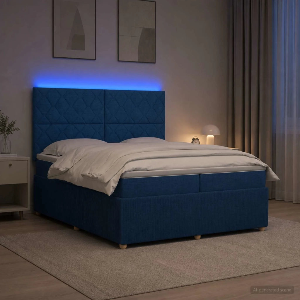 Letto Box Spring LED con Materasso Blu 200 x 200 cm Tessuto 3455950