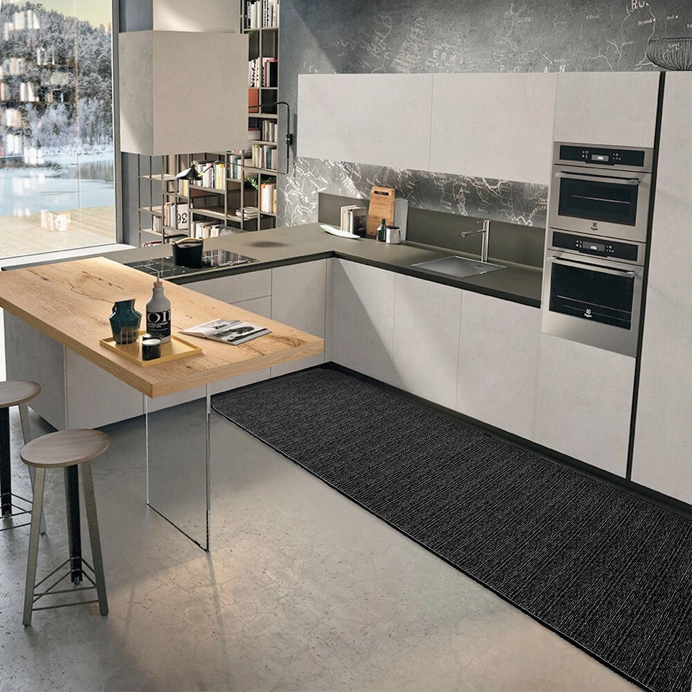 Tappeto Cucina Tinta Unita Striato 54x190 Cm Bordato Assorbente Passatoia Casa Antiscivolo Nero