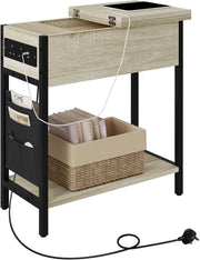 Tavolino da Salotto con Area di Ricarico, Tavolino da Divano Laterale, Comodino con Piano Ribaltabile, Scatola in Tessuto, 2 Prese e 2 Porta USB, Rovere Chiaro