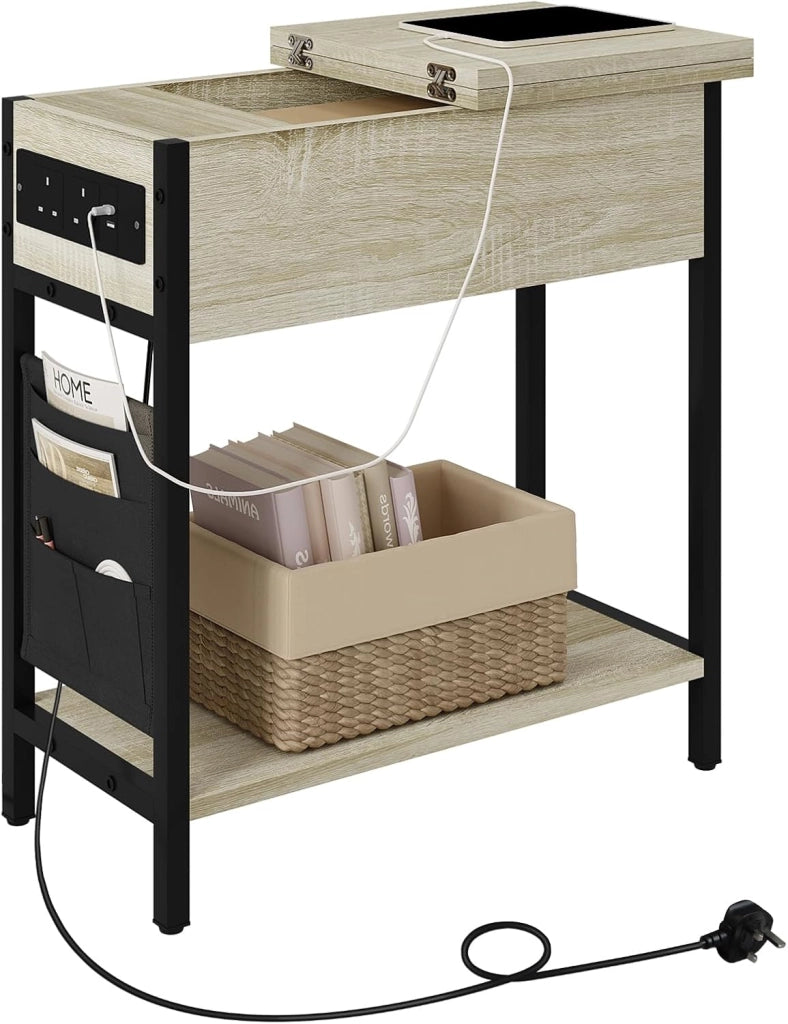 Tavolino da Salotto con Area di Ricarico, Tavolino da Divano Laterale, Comodino con Piano Ribaltabile, Scatola in Tessuto, 2 Prese e 2 Porta USB, Rovere Chiaro