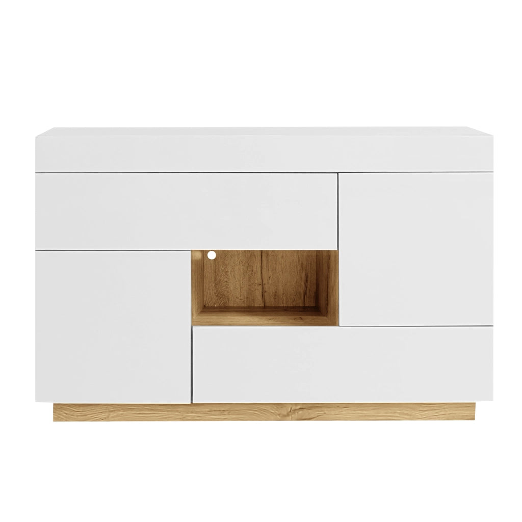 Sideboard moderno bianco lucido con LED RGB, 2 cassetti, 2 ante e vano aperto