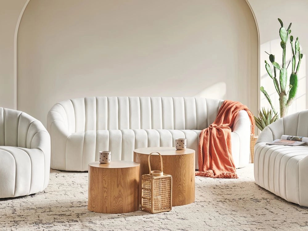 Divano 3 posti in velluto bianco sporco Design contemporaneo e retrò Seduta imbottita e schienale basso