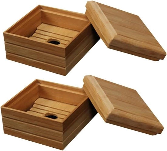 Zeppa in stile giapponese in legno con coperchio e protezione all'uscita - contenitore per bagno e viaggio, bambù, campeggio - 2 pezzi