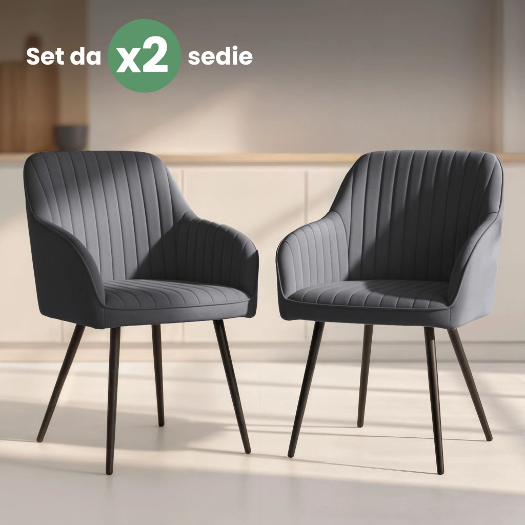 Set di 2 Sedie in velluto con cuciture verticali FLORENCE Grafite gambe nere