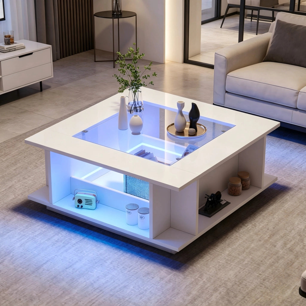 Tavolino da caffè quadrato con piano in vetro; LED; vani aperti e spazio laterale; bianco; 70 × 70 × 30 cm