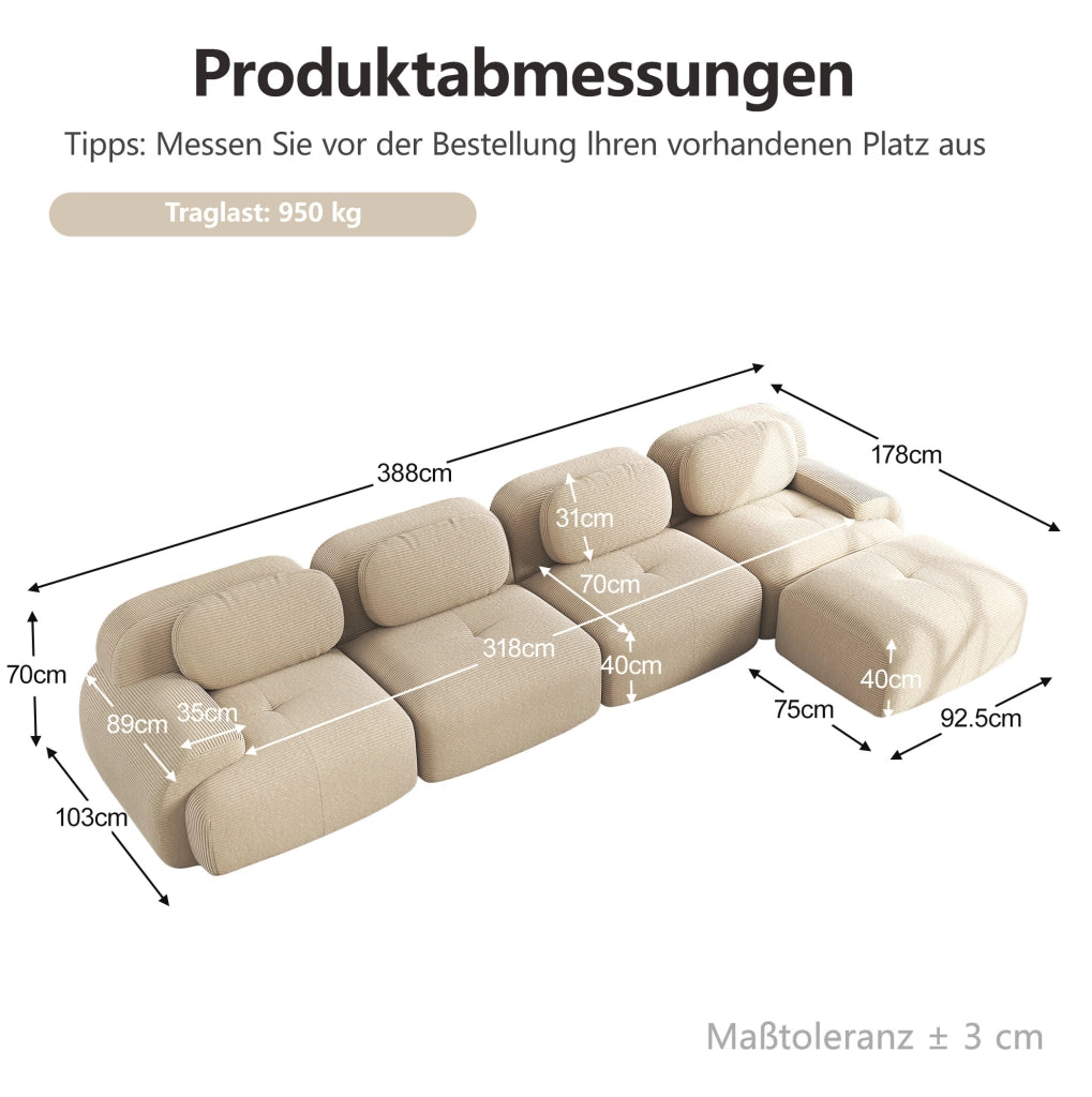 Divano angolare modulare in corduroy beige; design senza telaio con chaise longue e base antiscivolo