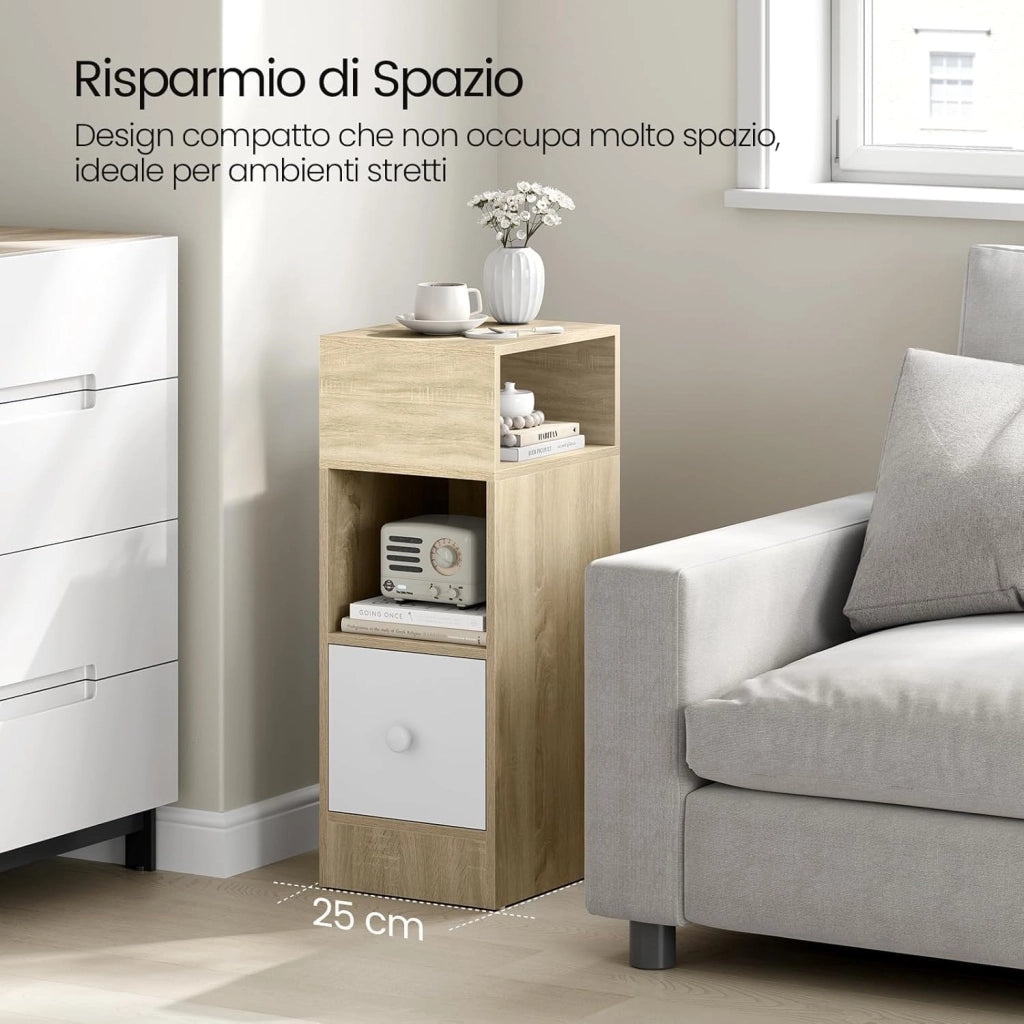 Set di 2 Comodino Stretto, Comodino con 2 Scomparti a Giorno e Cassetto, Tavolino da Notte 25x30x66cm, Mobile Salvaspazio per Camera da Letto, Soggiorno, in Truciolato, Rovere, 0192ZZ-2