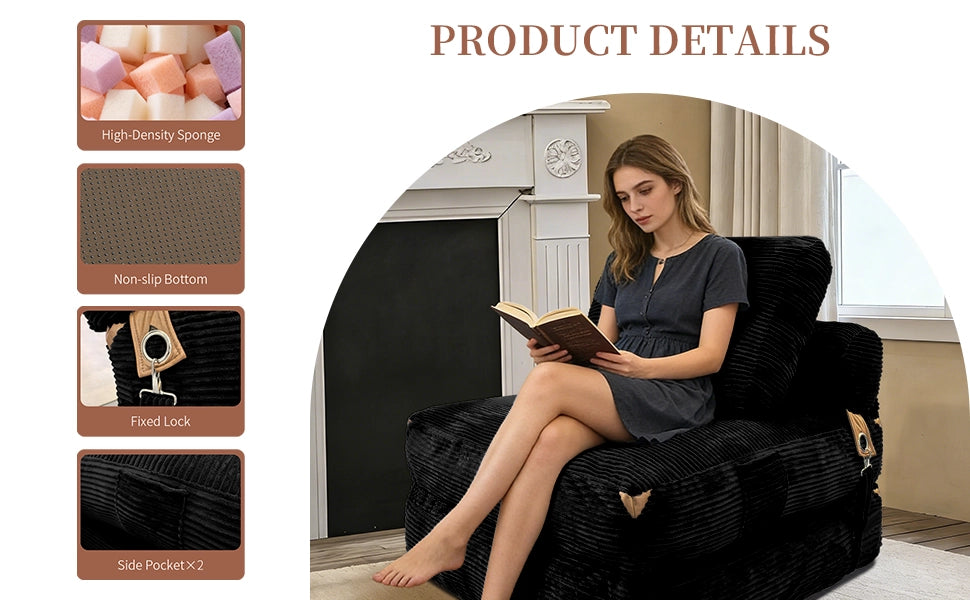 Divano letto pieghevole compatto con supporto ergonomico per piccoli spazi in flanella nera 52.0 × 42.0 × 33.0 cm