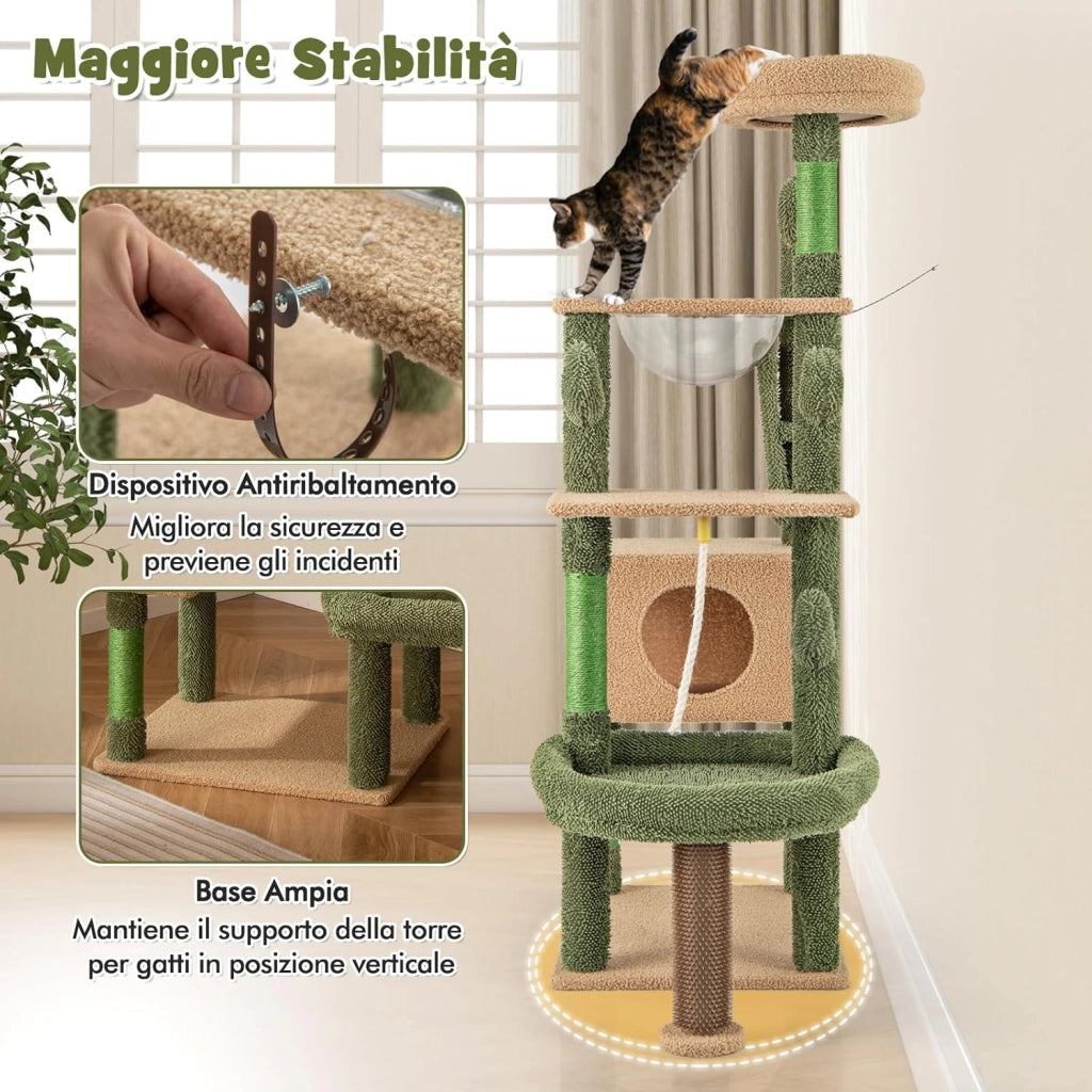 Tiragraffi per Gatti 150 cm, Torre di Gatti Multilivello con Pali per Graffio in Sisal e Giocattolo Pendente, Centro Attività per Gatti a Forma di Cactus da Interno