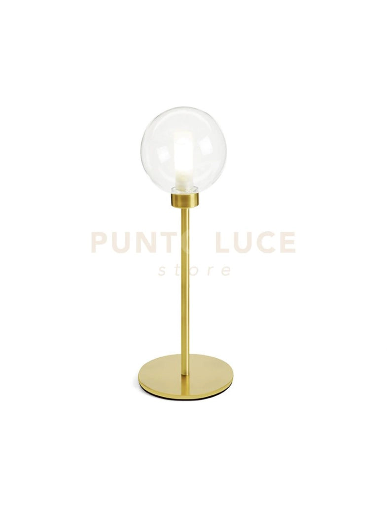 DOM LAMPADA DA TAVOLO 1 LUCE VETRO TRASPARENTE CICLINDRO SATINATO MONTATURA ORO ATTACCO G9 CON DIMMER