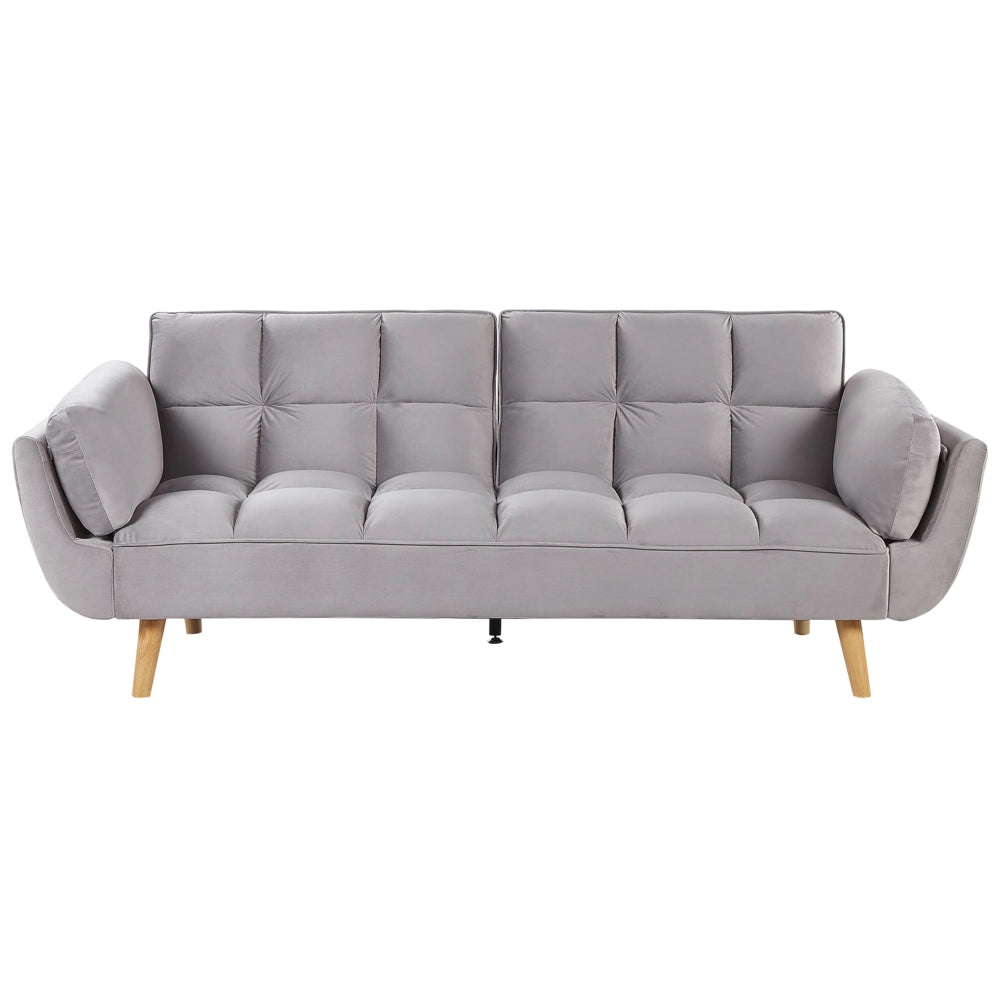 Divano Letto Tessuto Velluto Grigio Chiaro Gambe In Legno A 3 Posti Imbottitura In Schiuma Imbottitura Biscuit Schienale Diviso