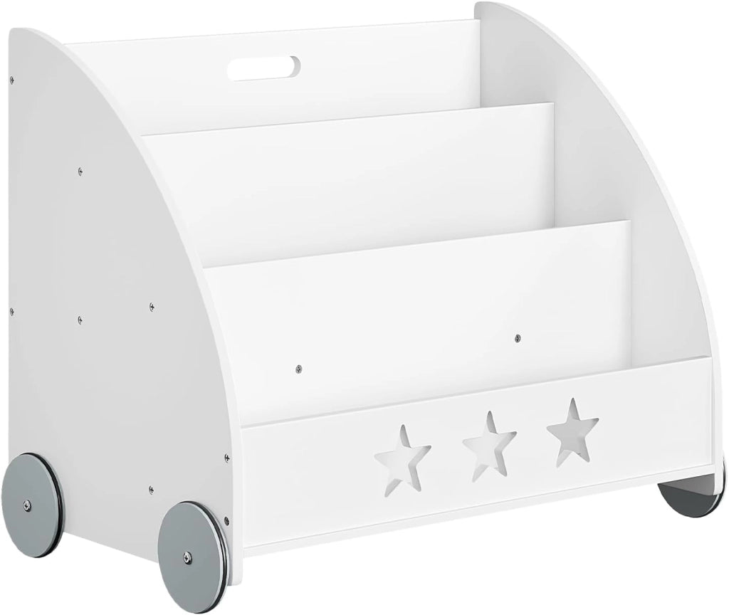 Libreria per bambini in legno, scaffale per giocattoli a 3 livelli, organizza libri con ruote cameretta, bianco