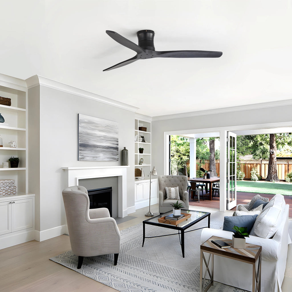 Ventilatore da soffitto nero opaco con motore DC reversibile e telecomando