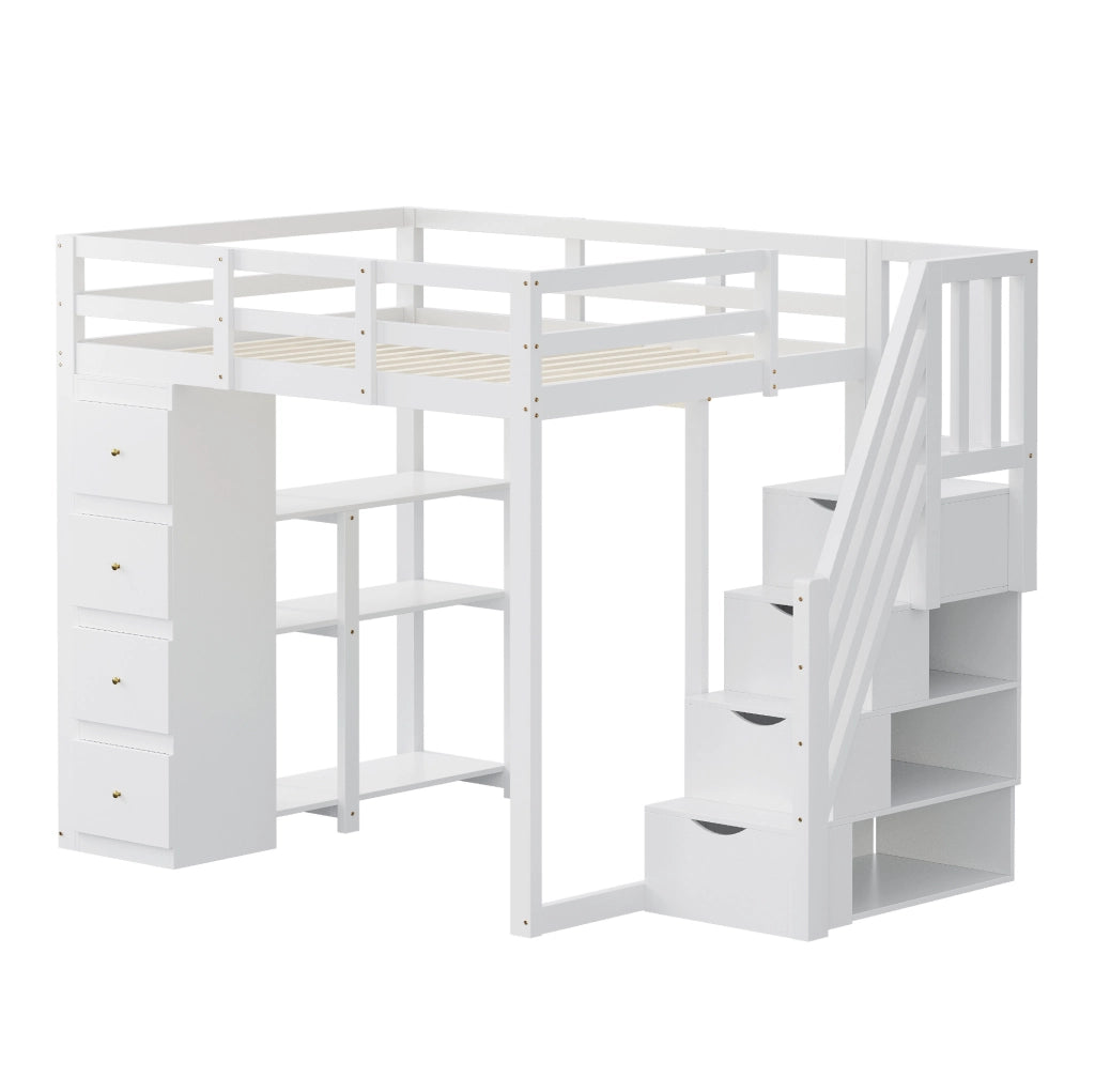 Letto a soppalco ULEVR 140x200 cm bianco con 4 cassetti, scala con cassetti e scaffale