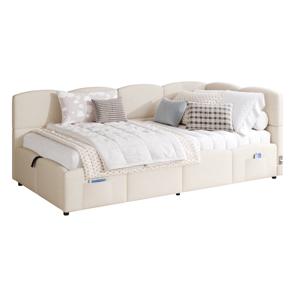 Letto contenitore 90x200 cm con USB A e USB C; tasche laterali; tessuto bouclé beige