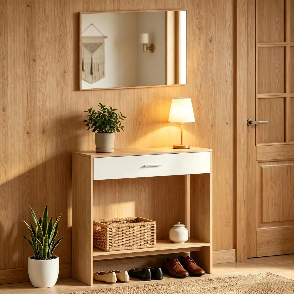 Elegante organizer per corridoio, moderno tavolo da trucco con specchio, consolle