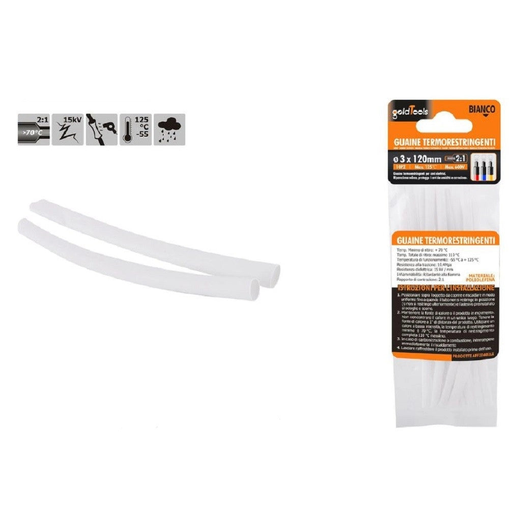 Trade Shop - Set 10pz Guaine Termorestringenti Termoretrattili Bianche 3x120mm Per Cavi 57067 -