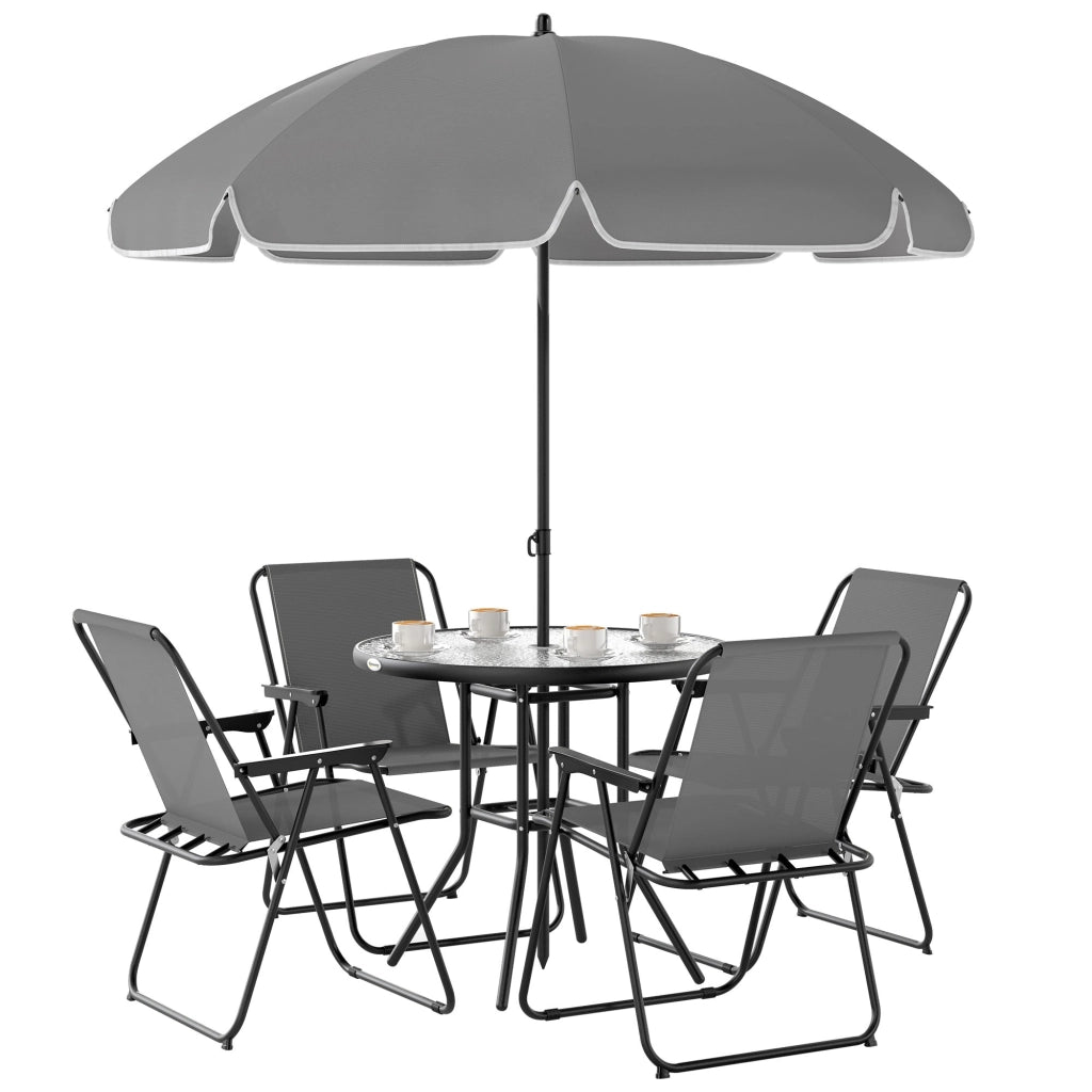 Set da Giardino 6 Pezzi con 4 Sedie Pieghevoli Ombrellone e Tavolo Rotondo  Grigio e Nero