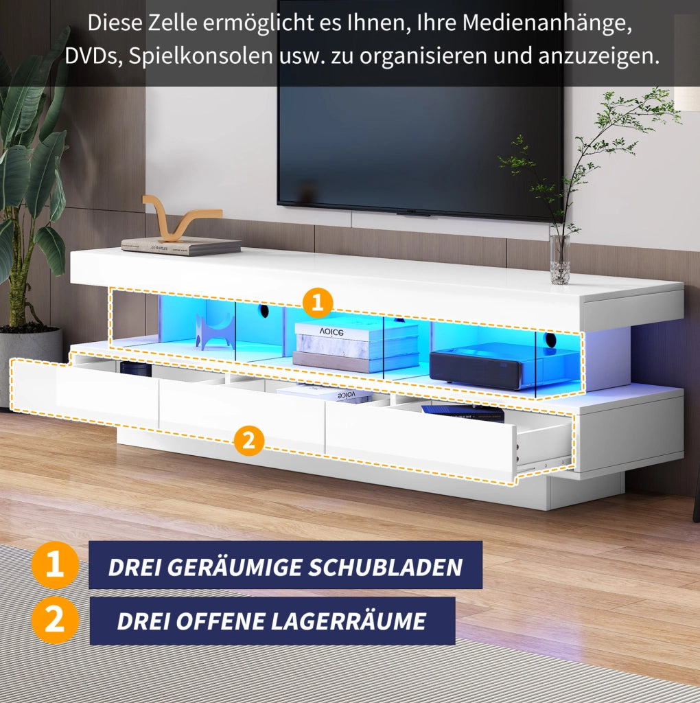 Mobile porta televisore bianco lucido con 3 vani in vetro, LED e comando Bluetooth