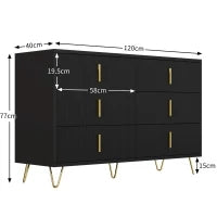 Credenza con 6 cassetti, maniglie e gambe dorate, texture ondulata, 120x40x77 cm, Nero e Oro