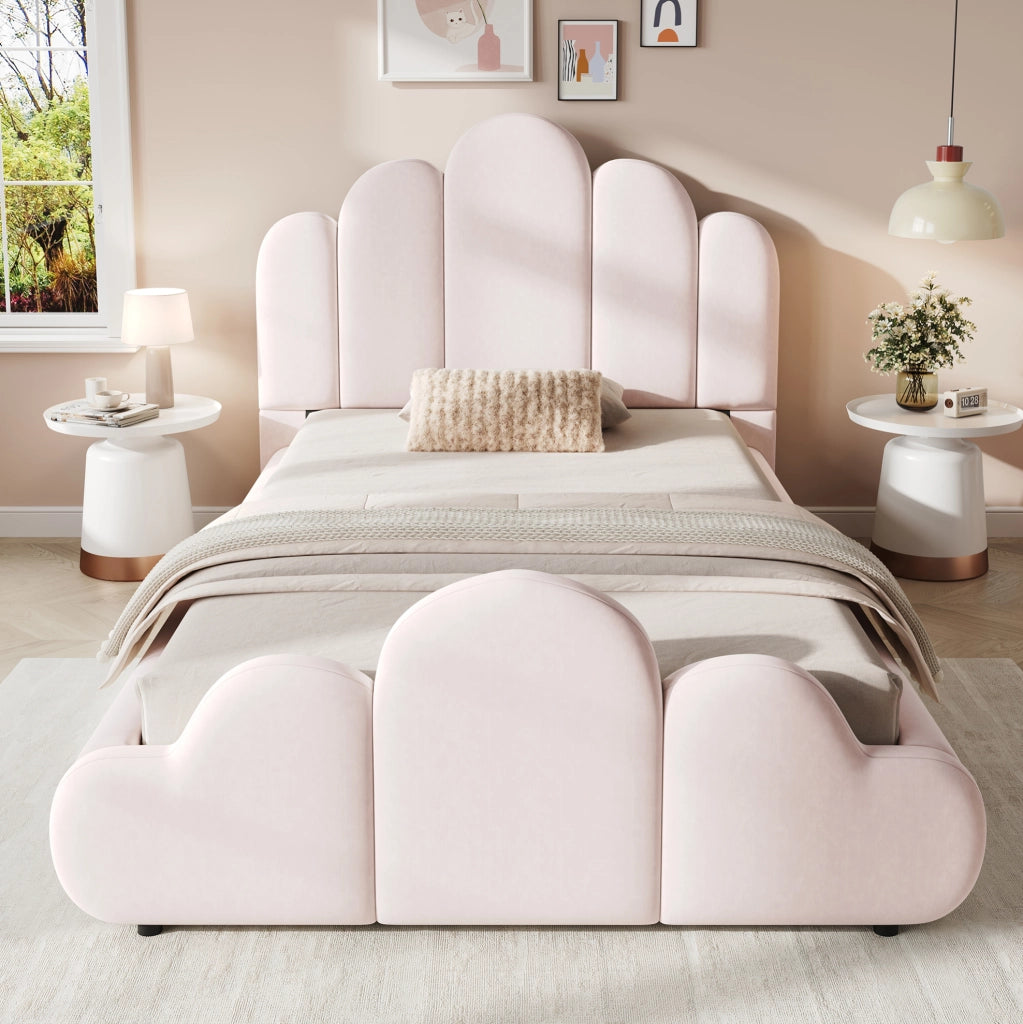 Letto imbottito singolo 90x200 cm in velluto rosa con rete a doghe