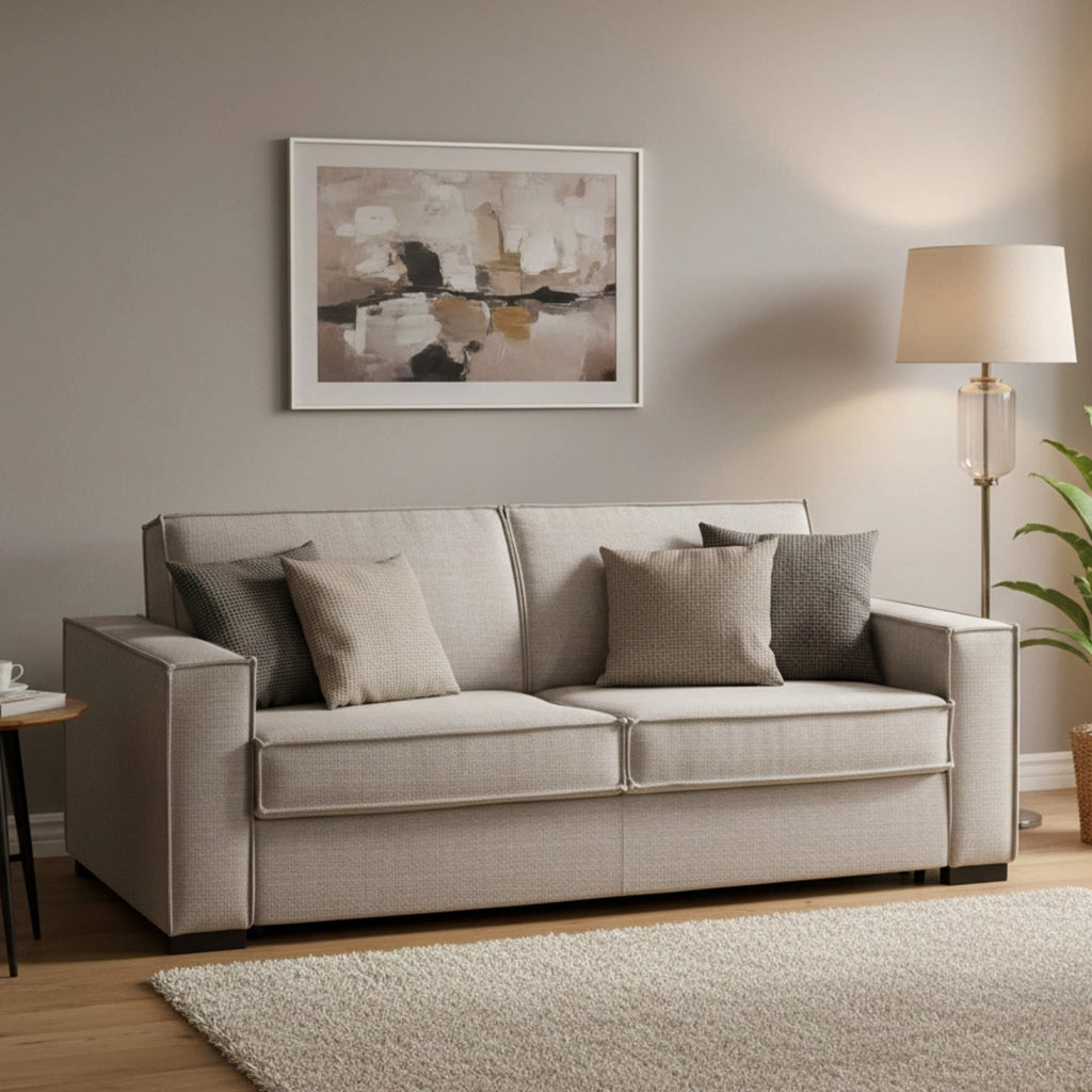 Divano Letto Adalberto, Divano a 3 posti, Made in Italy, SofÒ  Soggiorno con apertura girevole, in tessuto imbottito, con Braccioli slim, cm 200x95h90, Tortora