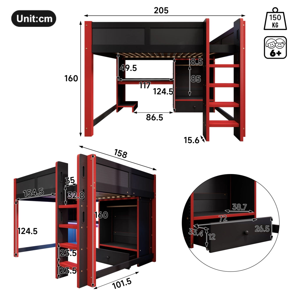 LETTO A CASTELLO gaming 140x200 cm nero e rosso con scrivania, armadio e ripiani