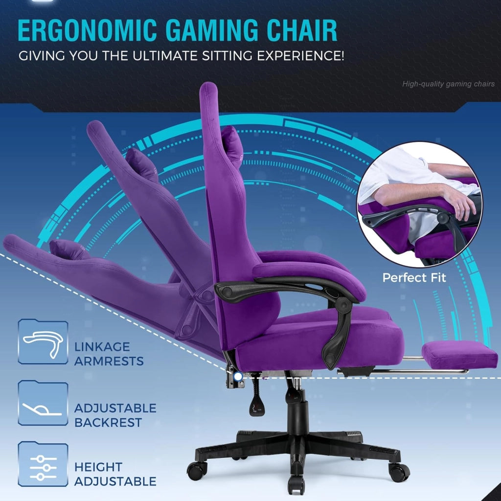Sedia da gioco, traspirante, da ufficio, ergonomica, in tessuto di alta qualità, ergonomica, schienale regolabile a 160°, poggiapiedi estraibile, carico 180 kg,viola scuro