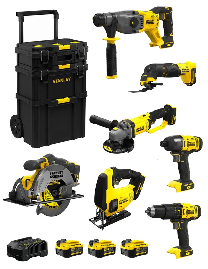 STANLEY FatMax Kit SVK709 (SFMCH900 + SFMCG400 + SFMCD711 + SFMCF800 + SFMCS500 + SFMCS600 + SFMCE500 + 3 x 4,0 Ah + Caddy 3en1)