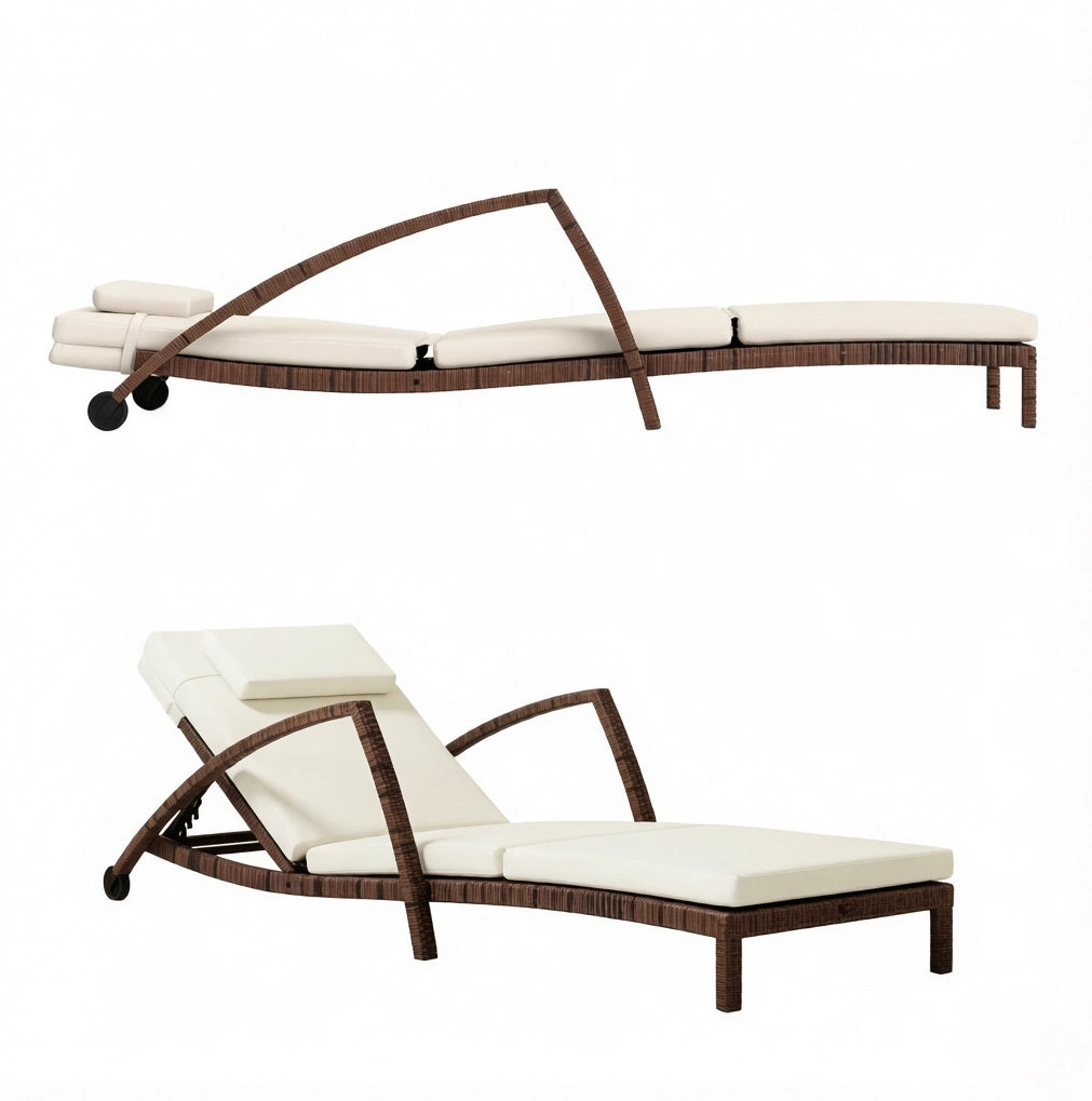 Chaise longue da giardino con ruote e schienale reclinabile a 5 posizioni; beige e marrone