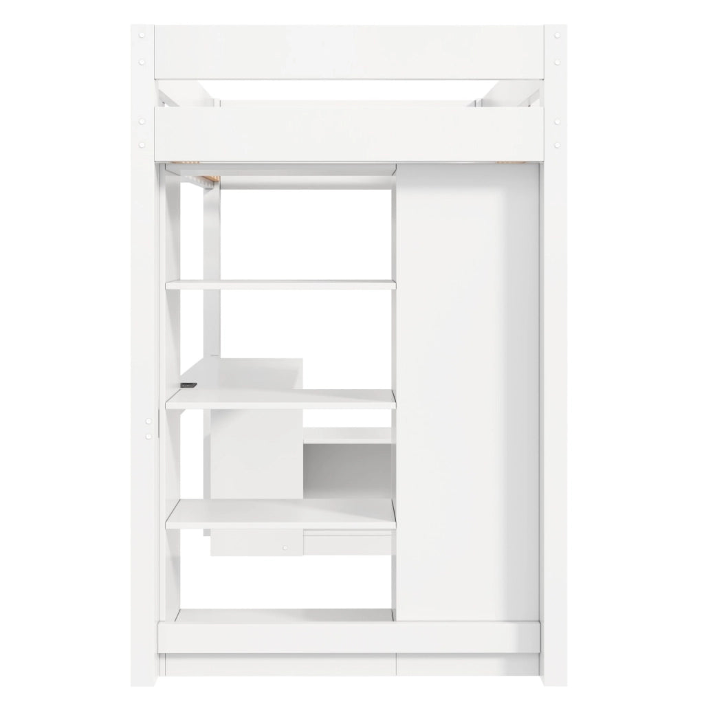 Letto a soppalco 90x200 cm con scrivania, armadio e LED in legno di pino e MDF bianco
