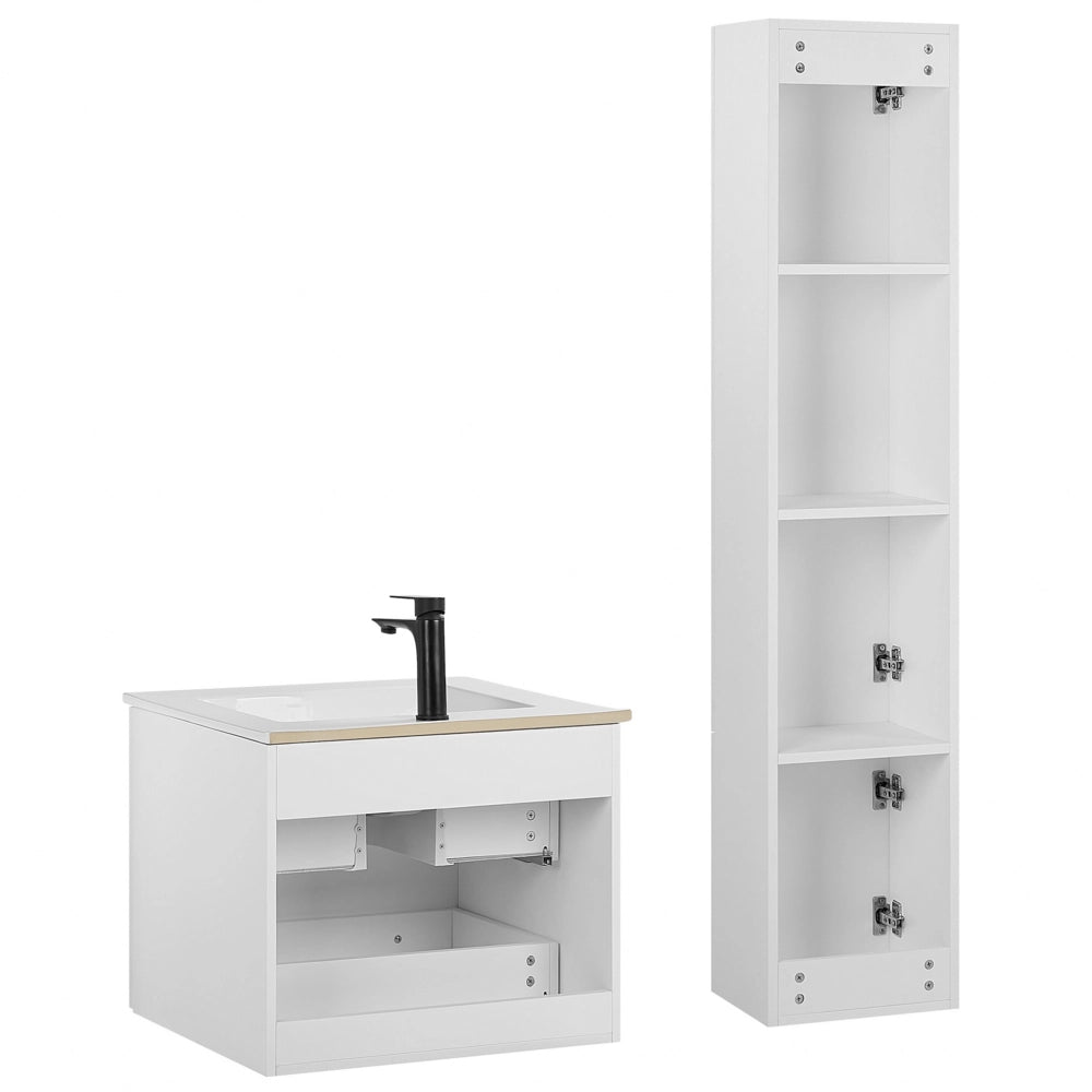 Set di 3 mobili da bagno in MDF bianco con lavabo in ceramica montaggio a parete mobiletto alto specchio rettangolare a LED