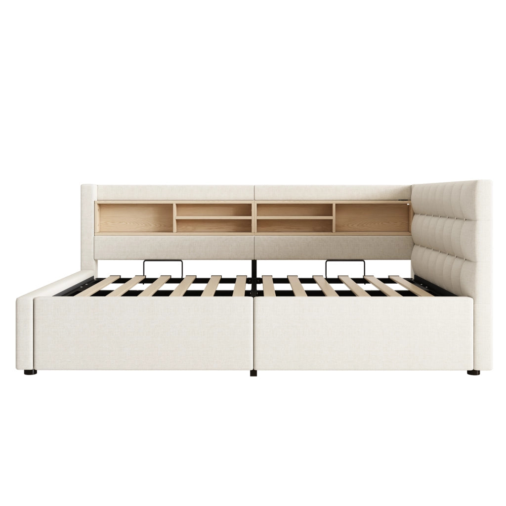 Letto singolo 90x200 cm contenitore con sollevamento idraulico e mensole; lino e MDF grigio