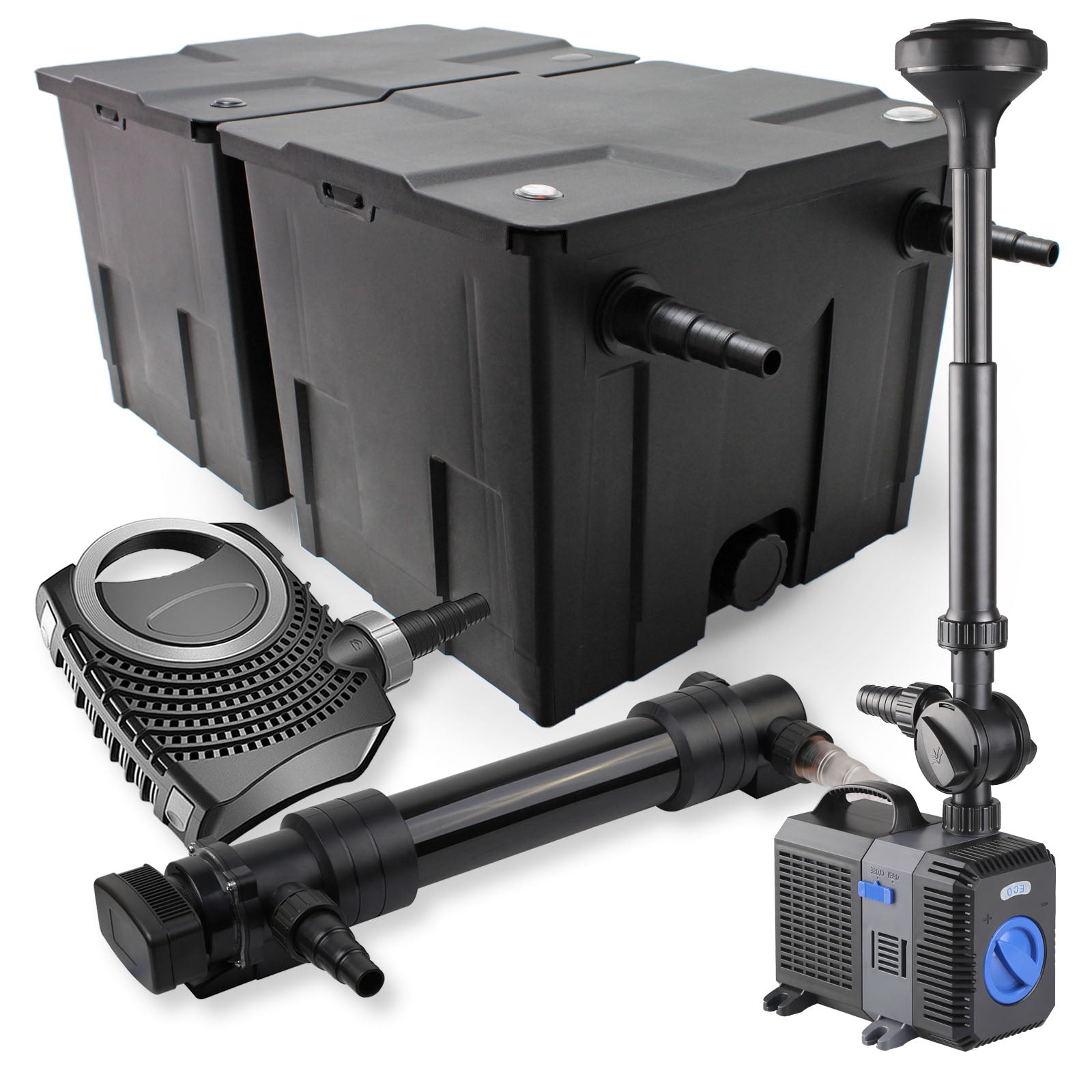 Set Filtro a 2 camere laghetto 60000l con Chiarificatore UVC 36W Pompa NEO10000 80W Fontana
