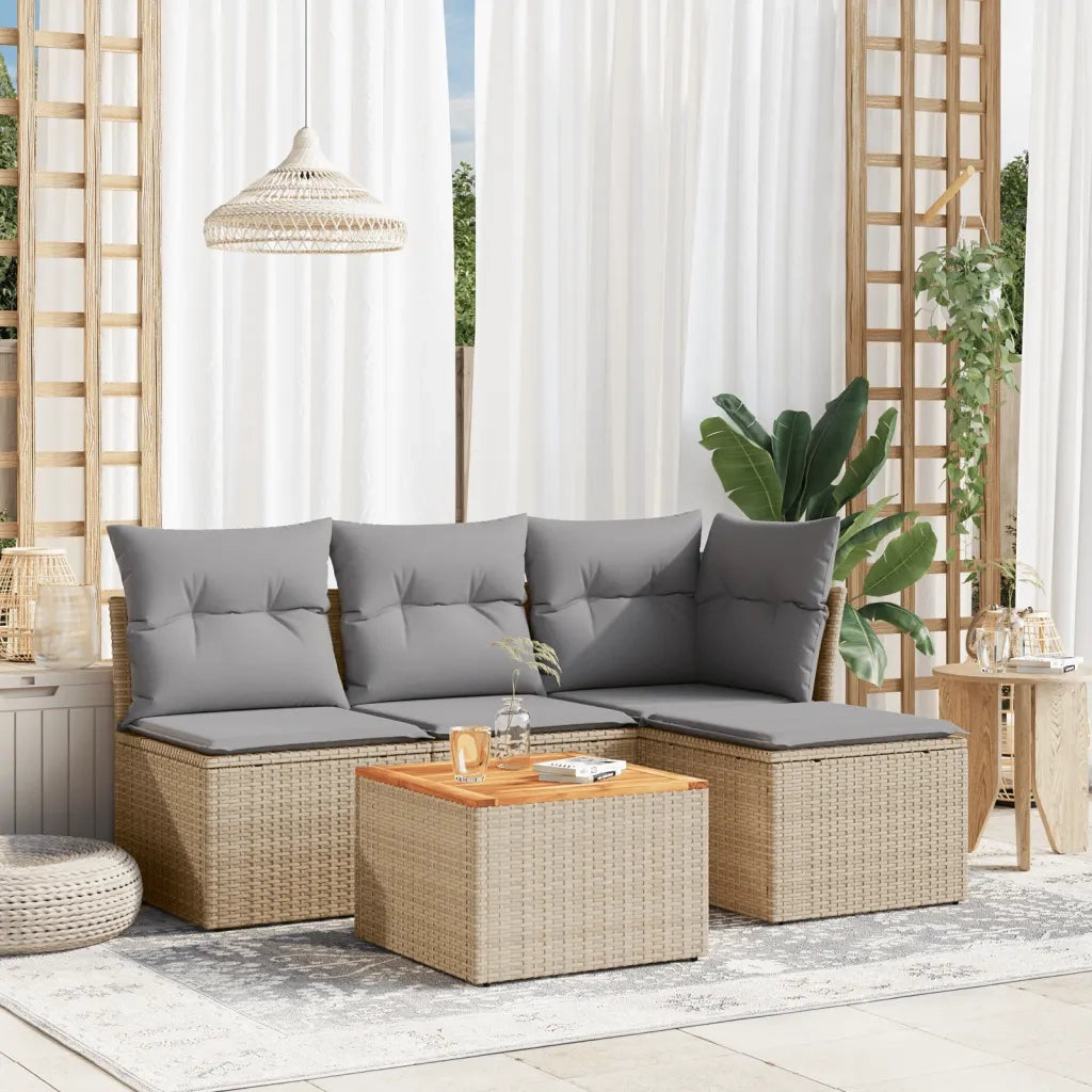 Set Divano da Giardino 5 pz | Set Salotto da Giardino con Cuscini Beige in Polyrattan