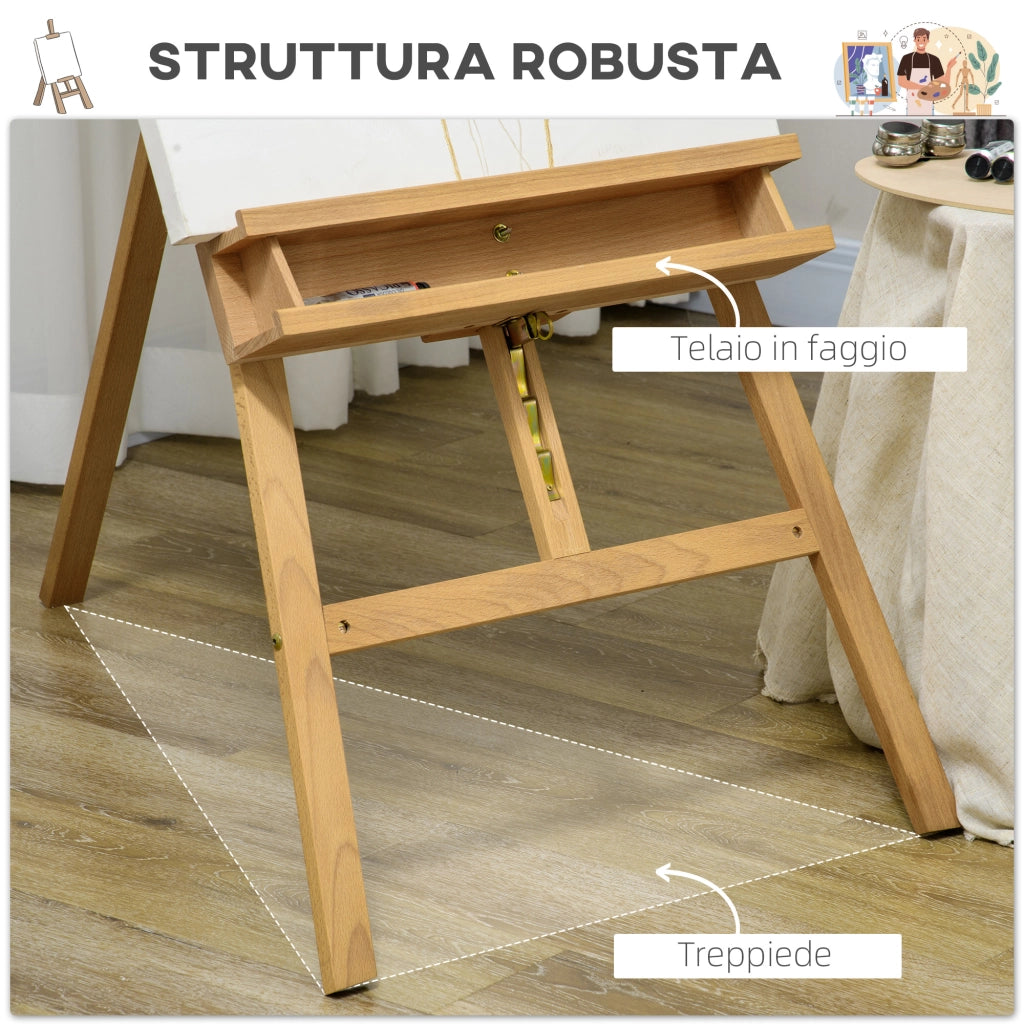 Cavalletto per Pittura Pieghevole in Faggio con Altezza e Angolazione Regolabile, 65x110x180-235 cm