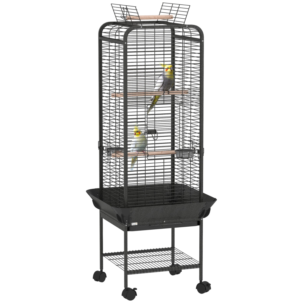 Gabbia per Uccelli con Ruote, Mangiatoie e Ripiano ¨C Zephmum ¨C Grigio Scuro 62.5x62.5x146 cm
