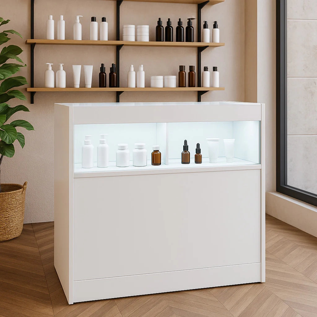 Bancone LED Bianco B900 con Vetrina, Ante Scorrevoli e Ripiani – Bloccabile