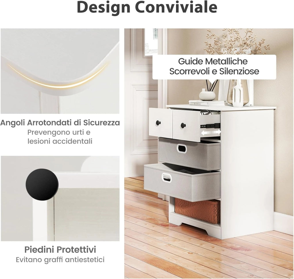 Comodino Camera da Letto 58 x 42 x 75 cm, Cassettiera Salvaspazio con 4 Cassetti e Ripiano Aperto, Tavolino Moderno da Letto per Soggiorno e Ingresso