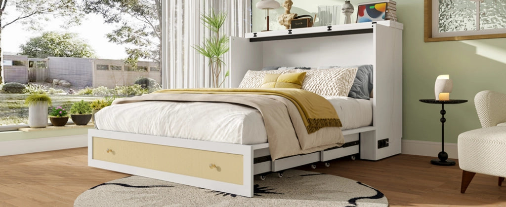 DESMIU Letto a scomparsa 2 posti con cassetto, USB e presa, 140 × 200 cm, senza materasso, in MDF, bianco