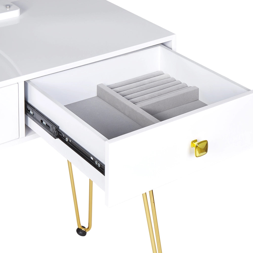 Toeletta con 2 cassetti specchio LED bianco e oro e sgabello camera da letto elegante