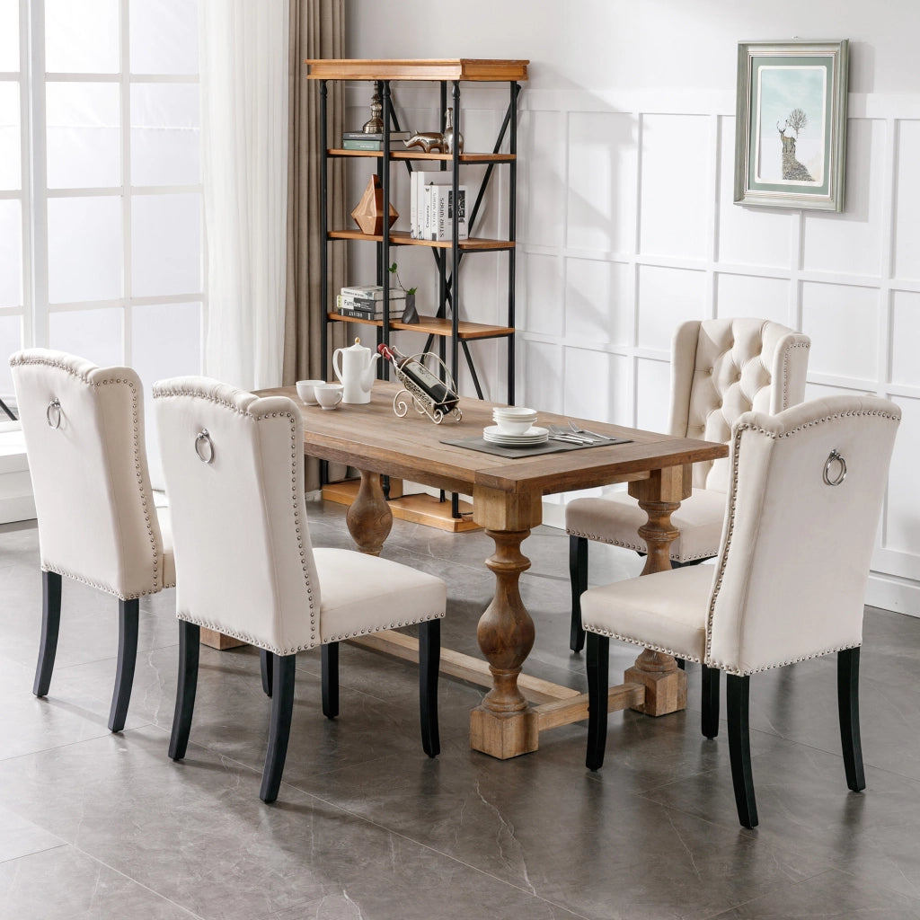 SEDIA DA PRANZO Set da 4 pezzi in velluto beige con gambe in quercia