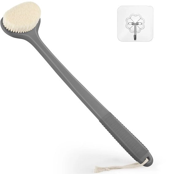 Rugborstello per doccia, spazzola per il corpo con 43 cm manico antiscivolo, set di spazzole umide e asciutte per la pulizia del corpo, rugborstello per uomini e donne, grigio