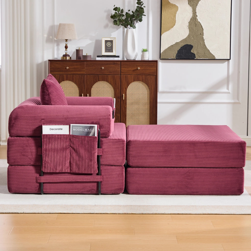 Poltrona pouf modulare con funzione letto e struttura pieghevole in velluto a coste - rosso vino
