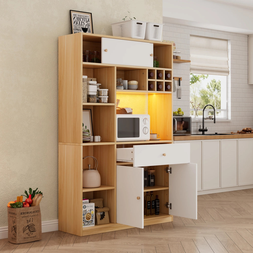 Credenza alta con LED, 1 cassetto, 3 ante e ripiani aperti, per cucina e soggiorno, bianco naturale, 115 × 35 × 180 cm