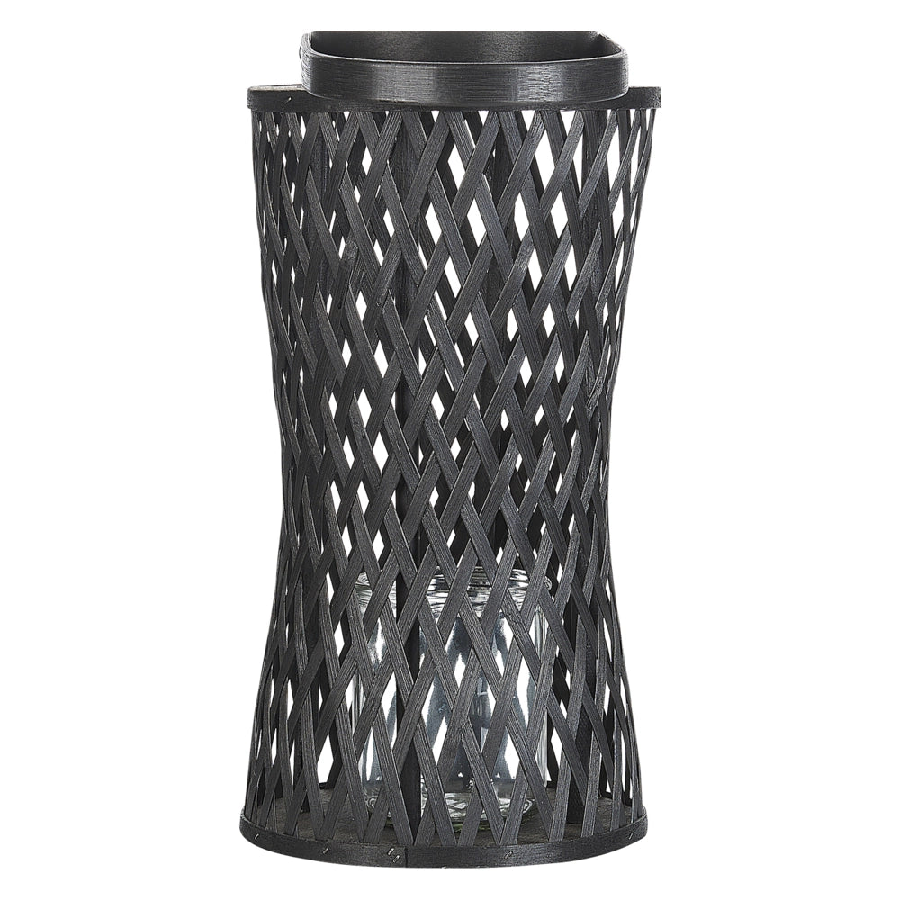 Lanterna a candela in legno di bambù nero da 38 cm con portacandele in vetro in stile Boho per interni