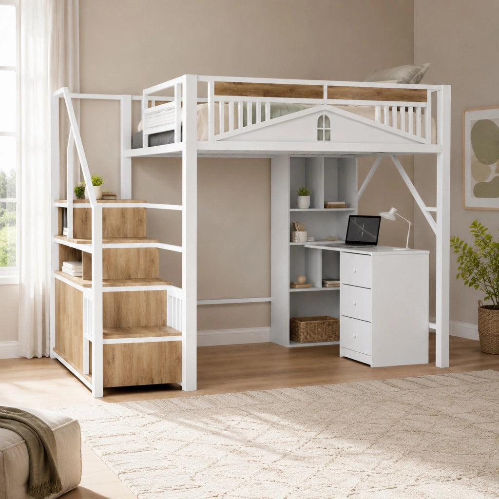 Letto a soppalco in metallo 140x200 cm con scala laterale; vano contenitore e rete finestra; bianco