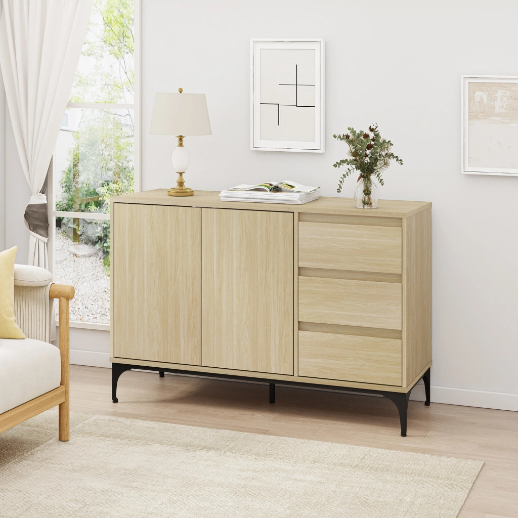 Credenza Bassa Kistiandi a 2 Ante e 3 Cassetti 77 x 120 x 40 cm - Effetto Rovere Chiaro [en.casa]