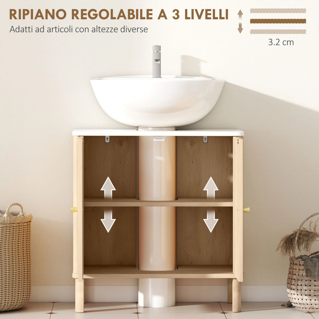 Mobile Sottolavabo a 2 Ante con Ripiano Effetto Marmo e Mensola Regolabile. Rovere